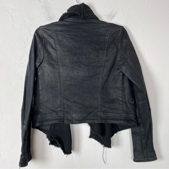 Free People Jacket Coat Coated Black Drape Front Zipper Fringe Distressed Moto - Picture 2 of 11